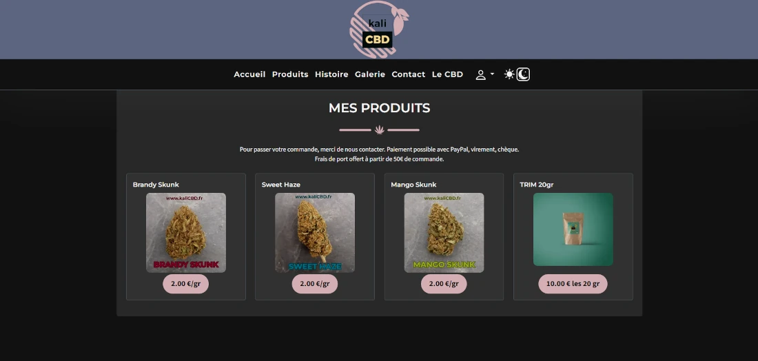 Aperçu du site Kalicbd en mode sombre