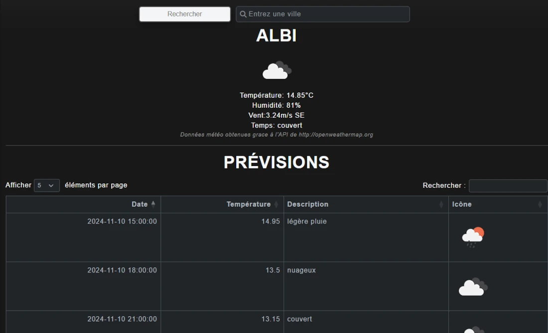 Aperçu du projet d'application météo en mode sombre